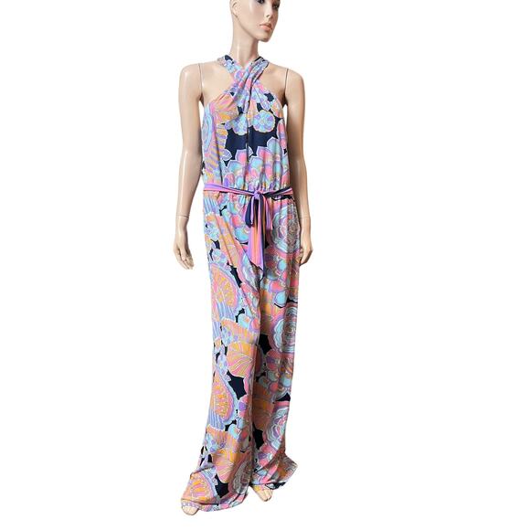 Trina Turk Halter Jumpsuit Milticolor Print Sleevless Size M Wide Leg Belted - Picture 1 of 13